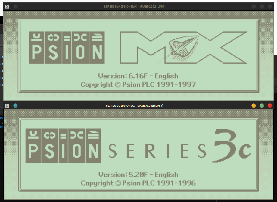 Two copies of MAME, built from git, running ROMs from the Series 3c and 3mx.